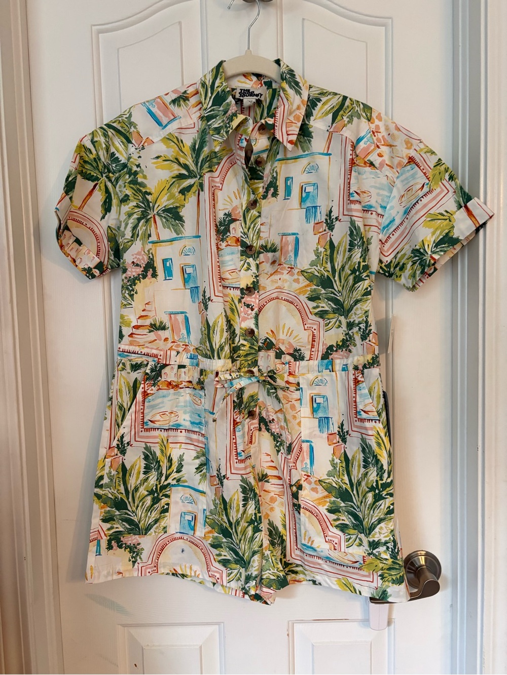Tropical Printed Short-Sleeve Tie-Waist Romper in Green & Blue